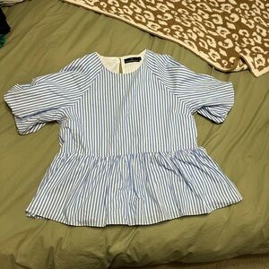 Pomander Place Blue and White Striped Peplum Top